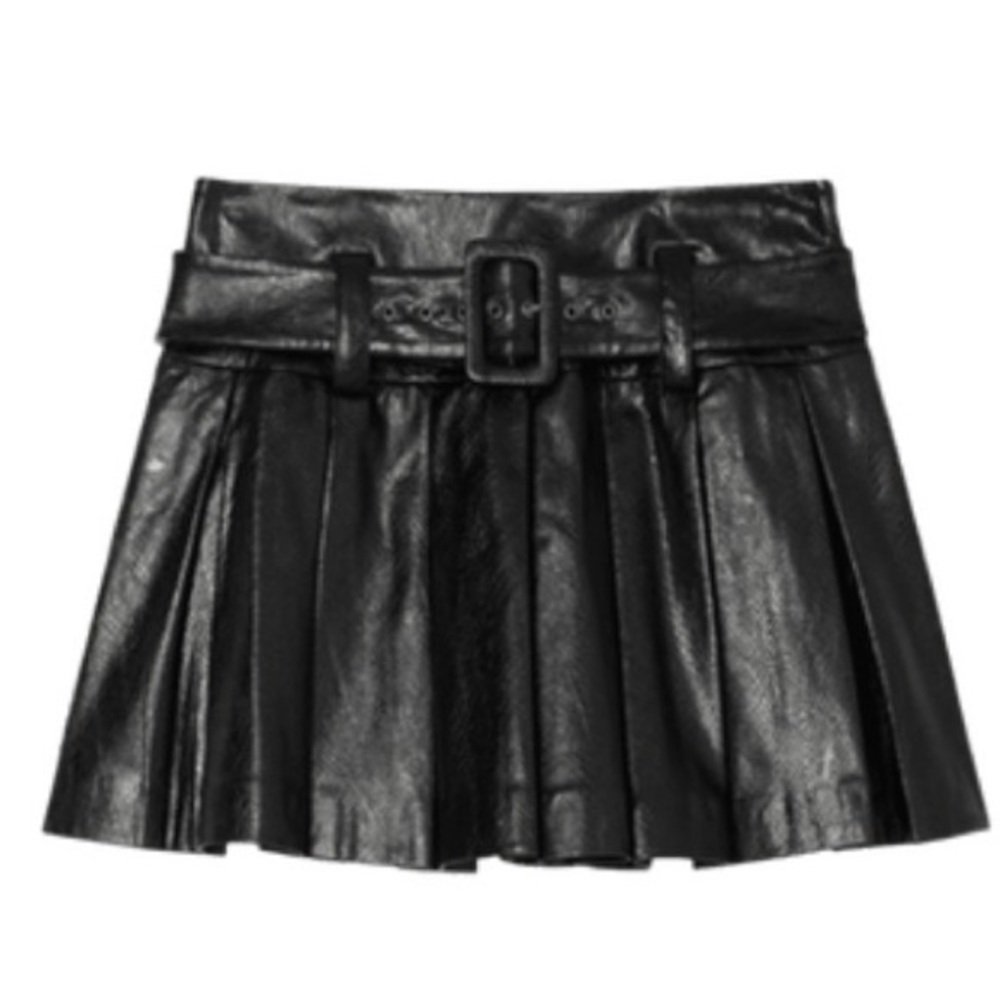 Ramy Brook Black Pleated Faux Leather Mini Skirt with Belted Waist